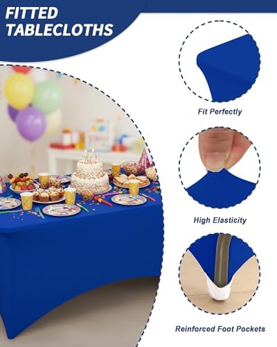 Fixwal 4 Pack 6FT Royal Blue Tablecloth Rectangle Spandex Table Cover - Image 4