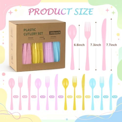 300Pcs Pastel Plastic Silverware Set, Full Size Disposable for Dinner - Image 7