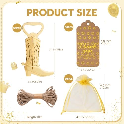 50 Pack Cowboy Boot Bottle Opener Favors, Metal Cowboy Bottle Opener Set with Thank You Tags & Organza Bags, Western Cowboy Party Favors, Western Wedding, Baby Shower “A Little Cowboy Is On The Way” - Image 2