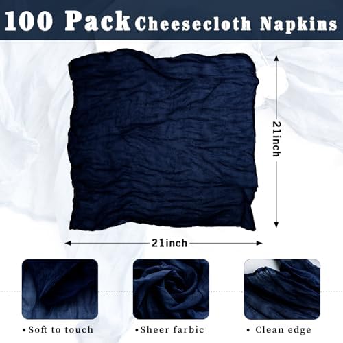 100 Pack Navy Blue Cheesecloth Napkins Washable Set of 100 Navy Blue Cloth Napkins 21x21 Inches Rustic Boho Cotton Gauze Dinner Table Napkins for Wedding Bridal Baby Shower Summer Party Table Decor - Image 3