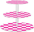 J JOYSAY Checkerboard Pink Pattern Acrylic Cupcake Stand 3 Tier Dessert Table Display Set Clear Cake Stands for Party Baby Shower Wedding Decorations Easy Assembly Macaron Tower by J+JOYSAY