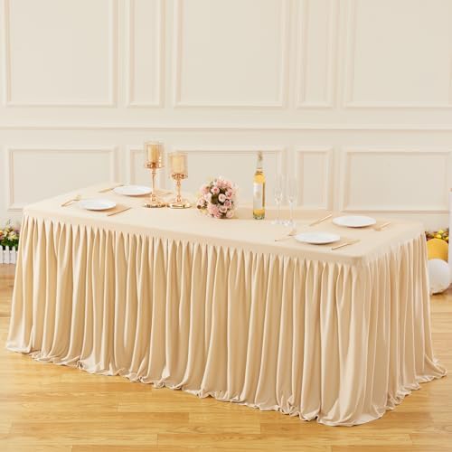 Wish Care Deep Champagne Polyester Table Clothes for 4 Foot Rectangle Tables, Wrinkle Free Fitted Table Cover with Pleated Ruffle Table Skirt for Birthday Party Wedding Trade Show Event Display - Image 2