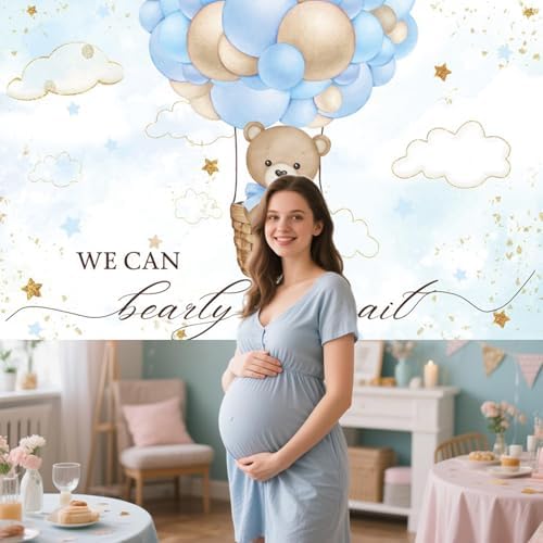 8x6FT Baby Shower Backdrop We Can Bearly Wait Blue Bear Hot Air Balloon Photography Background Newborn Baby Shower Party Decorations Banner Photo Booth Props - Image 4
