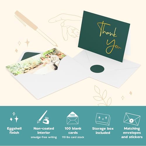 VNS Creations Thank You Cards With Envelopes - 100 Pack 4 x 6 Blank - Green - Image 5