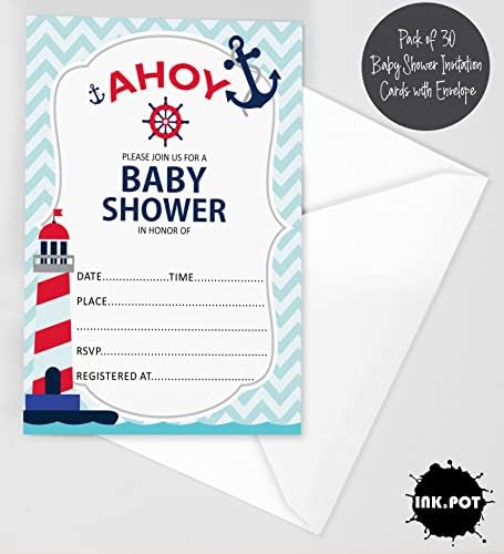 Pack of 30, Boy/Boy Baby Shower Party Collection, Baby Shower Invitation Cards, Fill in the Blank Invites WIth Envelopes, Pirates Theme Party Supplies - Image 2