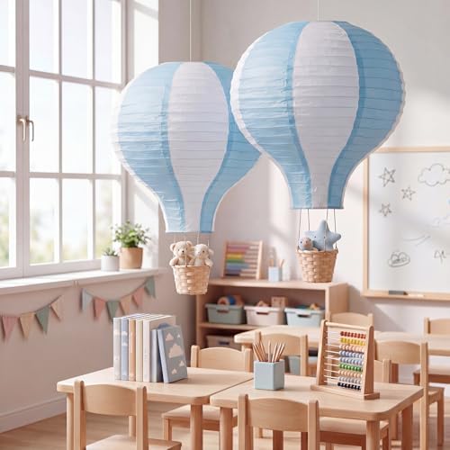 Meooeck 2 Pcs Hanging Hot Air Balloon Nursery Decor 15.7 Inch Paper Hot Air Balloon Centerpieces Reusable Paper Lanterns Set for DIY Craft Wedding Birthday Christmas Living Room Home, Blue White - Image 5
