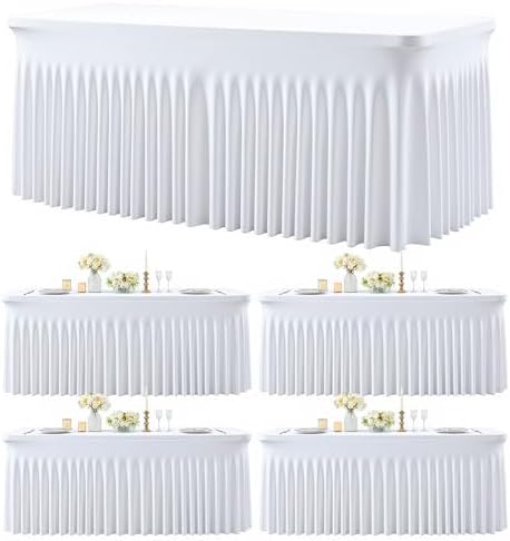 4 Pack White Table Cloth for 8 Foot Rectangle Tables Spandex Fitted Tablecloth 8ft Stretch Table Covers Skirt White Banquet Tablecloths Wrinkle Free Tablecloth for Party Wedding Birthday Event by Tao-GePartyDecorations