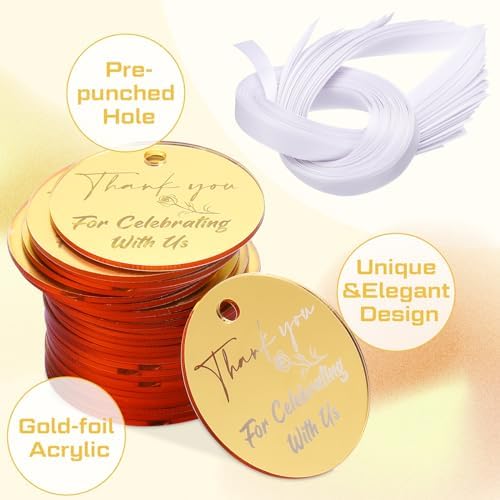 100 Set Gold Acrylic Thank You for Celebrating with Us Tags, with String Round Gold Mirrored Favors Labels, Thank You Gift Tags for Baby Shower Birthday Wedding Bridal Shower for Guests - Image 6