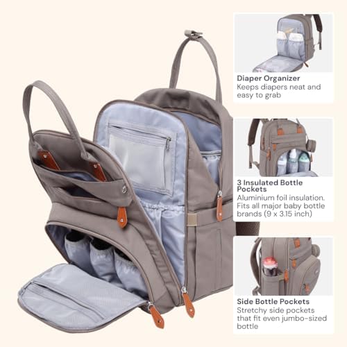 BabbleRoo Diaper Bag Backpack - Baby Essentials Travel Tote - Multi Function Water Resistant Diaper Bag, Travel Essentials Baby Bag with Changing Pad, Stroller Straps & Pacifier Case - Unisex, Khaki - Image 4