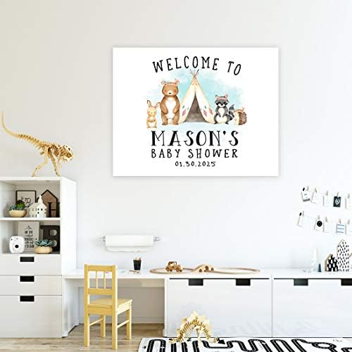 Andaz Press Custom Large Baby Shower Canvas Welcome Sign, 16 x 20 Inches, Woodland Animals, Guestbook Alternative, Personalized Sign Our Canvas, for Woodland Forest Animal Baby Shower, Baby Sprinkle - Image 4