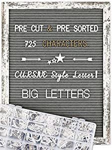 Felt Letter Board 12x16 Inch Rustic Wood Frame - Pre Cut & Sorted 725 Letters with Stand, Cursive Style Letters, Big Letters, Plastic Organizer, Shabby Chic Vintage Decor by Obliviscar