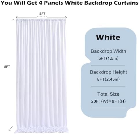 20ft x 8ft Wrinkle Free White Backdrop Curtain for Weddings Parties, 4 Panels 5x10ft Soft Silky Polyester White Photo Backdrop Drapes Back Drop Cloth for Birthday Christmas Photography Background - Image 2