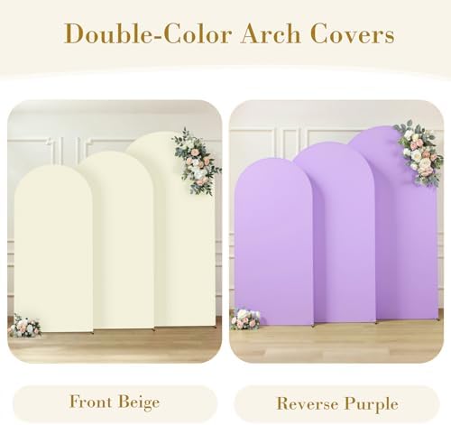 Beige and Purple Arch Cover 3 Set-6FT, 5FT, 4FT Arch Backdrop Cover Spandex Fitted 2- Color Fabric Stand Covers for Baby Shower Birthday Party Wedding Bridal Shower Photo Background Decorations - Image 2