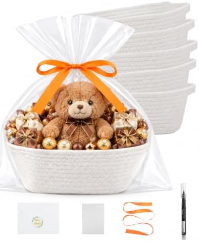 HAPPYER Gift Basket Set 6 Pack, Cotton Rope Woven Baskets with Ribbons Gift Bags Tissue Paper Cards Stickers, Empty Gift Baskets Bulk for Gifts Packaging, Decorative Storage Basket for Party Birthday by Unknown