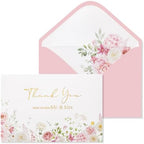 Crisky Pink Floral Wedding Thank You Cards with Envelopes & Stickers From Mr & Mrs, 100 Pack Gold Foil Eucalyptus Leaves Thank You Greeting Note Cards Bulk for Bridal Shower by Crisky