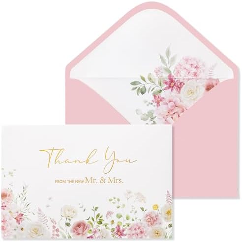 Crisky Pink Floral Wedding Thank You Cards with Envelopes & Stickers From Mr & Mrs, 100 Pack Gold Foil Eucalyptus Leaves Thank You Greeting Note Cards Bulk for Bridal Shower by Crisky