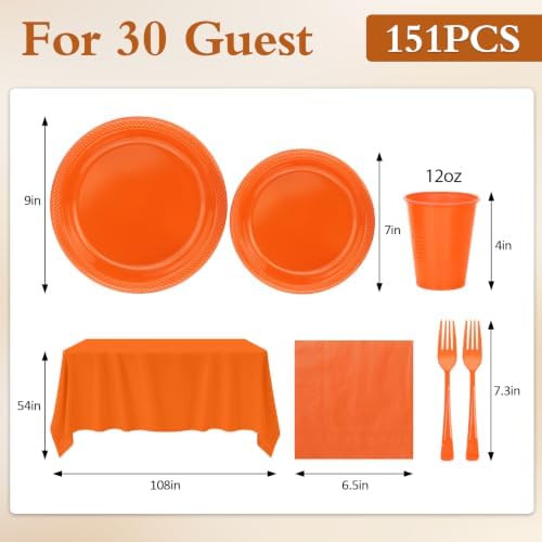 Orange Plastic Plates for Party,30 Guest Disposable Orange Party Supplies Including Dinner&Dessert Plate,12oz Cups,Cutlery,Napkins & Tablecloth Dinnerware Decorations for Birthday Fall Parties Wedding - Image 3