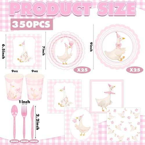 Zhehao 350 Pcs One Silly Goose Birthday Party Tableware Set Scalloped Pink Bow Baby Shower Plates Cup Napkins Forks for Birthday Party Decorations Supplies for 50 Guests - Image 6