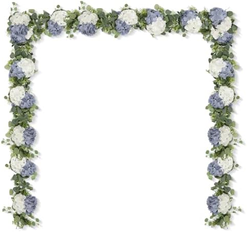 Artificial Hydrangea Flower Garland with Eucalyptus & Baby’s Breath 2PCS 6FT Floral Vines Greenery Garland for Mantel Wedding Arch Table Centerpiece Coastal Home Outdoor Decor (2, Dusty Blue & White) by Aviviho