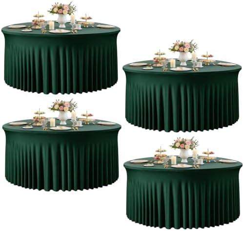 Dark Green Round Spandex Tablecloths, 5FT/60In Stretchy Table Cloth with Skirt, 4 Pack Washable Fitted Tablecloth, Circle Wrinkle Free Table Cover for Party Dining Banquet Events by Torrowsrort
