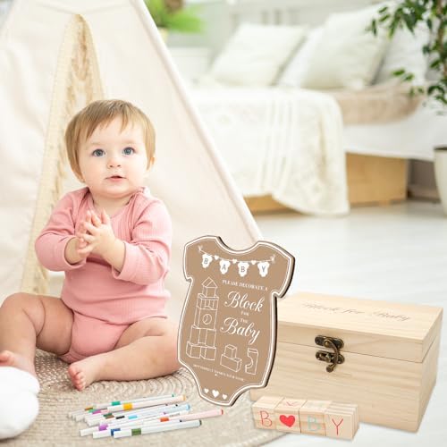 JarThenaAMCS 80 Pcs Baby Shower Game Kits Coloring Building Blocks Baby Clothes Wooden Display Sign Colorful Markers with Storage Box for Birthday Party DIY Crafts Supplies - Image 7