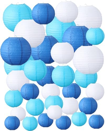 Treela 48 Pcs Paper Lanterns Party Decorations Round, Blue,White by Treela