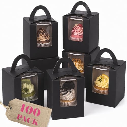 Bakepacker Auto Pop-up Cupcake Boxes, Black, 3.6"X3.6"X4.3", 100 Count by Bakepacker