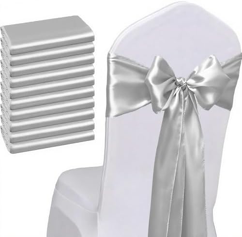 Pack of 50 Silver Satin Chair Sashes Bows 7x108 inches Chair Ribbons by WENSINL