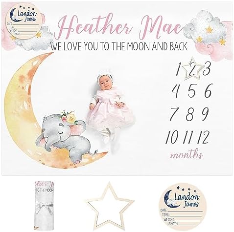 Custom Name Baby Milestone Blanket - Baby Milestone Monthly Blanket with Double Sided for Boy Girl Baby Photography Props - Pink Elephant Print Gifts for Kids Infant (FixedSize) by Dyoart