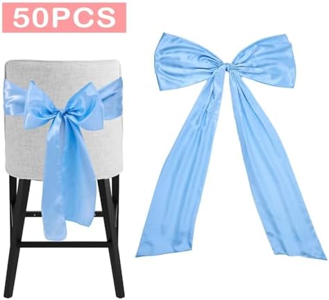 Large Satin Bow Decor with 50 Pack Chair Sashes - Perfect for Birthday, Wedding, Parties & Baby Shower | 24x36 Inch Giant Bows for Room Decor | Wide Fabric Ribbons for Banquet Chairs (Sky Blue) - Image 6