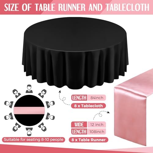 Tudomro 16 Pcs Black and Rose Gold Round Tablecloth and Satin Runner Set - Image 2