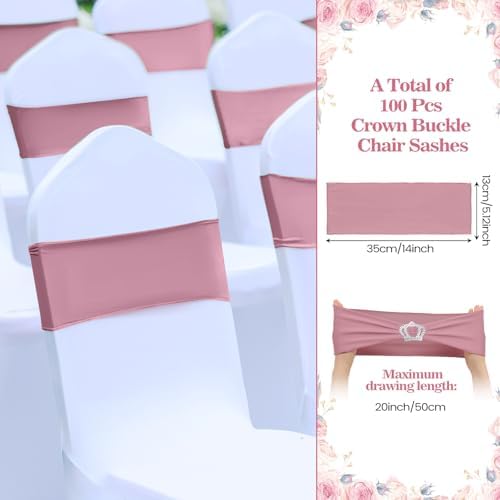 VitalCozy 100 Pcs Spandex Chair Sashes with Crown Buckle,Dusty Pink - Image 2
