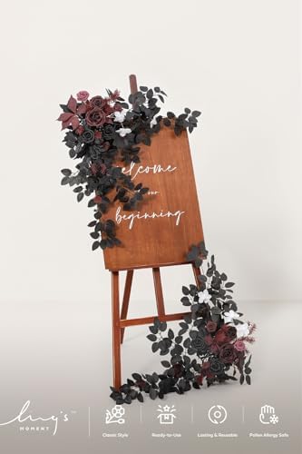 Ling's moment Welcome Sign Flowers, Wedding Floral Swag, Black and Burgundy - Image 5