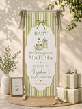 Baby We Love You So Matcha Sage Green Stripe Baby Shower Satin Fabric Welcome Banner by Custom