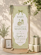 Baby We Love You So Matcha Sage Green Stripe Baby Shower Satin Fabric Welcome Banner by Custom