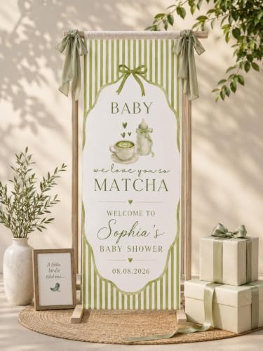 Baby We Love You So Matcha Sage Green Stripe Baby Shower Satin Fabric Welcome Banner by Custom