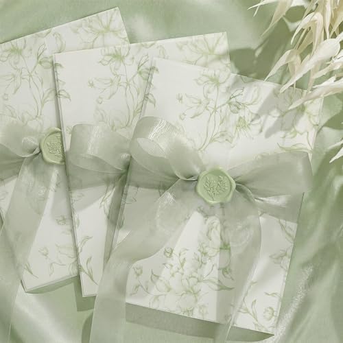 UNIQOOO 50 Sets Wedding Invitation Kit, Sage Green Floral Vellum Jackets for 5x7 Invitations w/Satin Silk Ribbon & Eucalyptus Wax Seal Stickers, Wedding Invitation Accessories by UNIQOOO