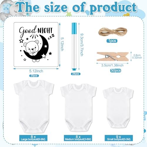 Panitay 126 Pcs Baby Shower DIY Bodysuit Set Bib 25 Blank White Newborn Bodysuit 25 Stencils 24 Marker 1 Sign 50 Pins(Blue Elephant) - Image 3