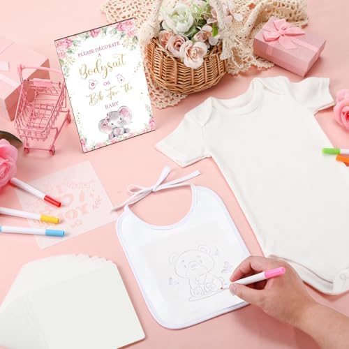 Panitay 100 Pcs White Baby Bodysuits Bibs Kit 25 Guests, Pink Elephant - Image 3