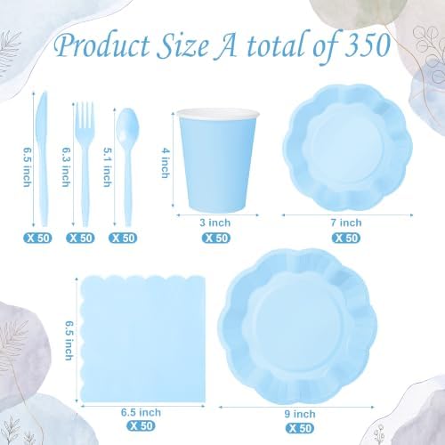 350 Pcs Light Blue Scalloped Disposable Plates Tableware Set for 50 Guests - Image 6
