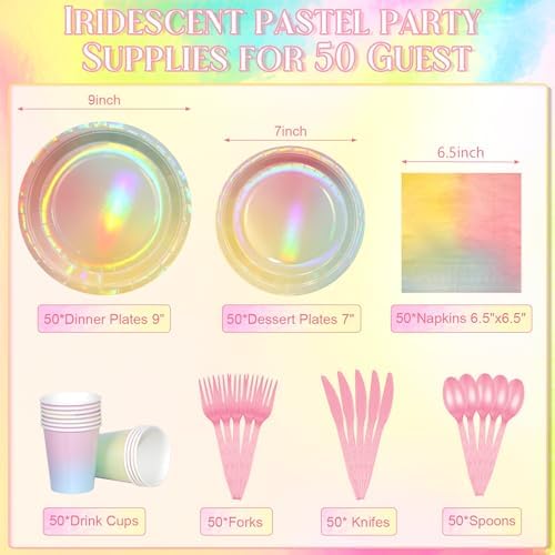 Iridescent Pastel Rainbow Party Decorations - Serve 50, Holographic Pastel Paper Plates and Napkins, Disposable Iridescent Rainbow Plates, Cups, Napkins for Girls Birthday, Wedding, Baby Shower - Image 2