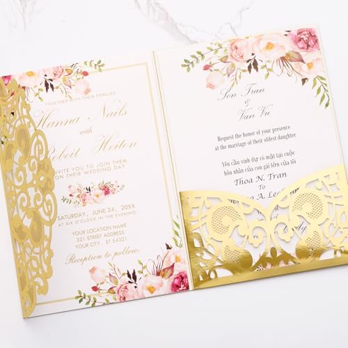 Gold Wedding Invitations Kit Metallic Pocket Blank Cards 50 Sets - Image 5