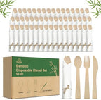 Prerolled Disposable Bamboo Cutlery Set – 50 Pack Pre Wrapped Silverware and Napkin Bundle with Forks, Knives, Spoons for Parties, Weddings, Events, and BBQ (Natural - Beige String) by SoultanGoods