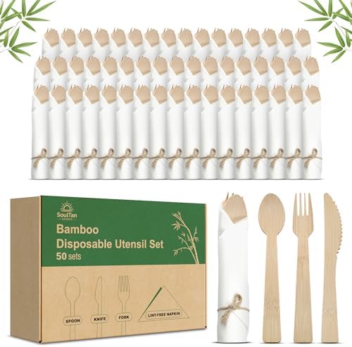 Prerolled Disposable Bamboo Cutlery Set – 50 Pack Pre Wrapped Silverware and Napkin Bundle with Forks, Knives, Spoons for Parties, Weddings, Events, and BBQ (Natural - Beige String) by SoultanGoods