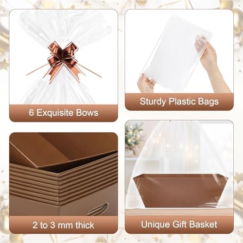 6PACK Baskets for Gifts Empty, 10x12”Thick Brown Gift Basket with Handles 6 Bows 6 Bags Empty Gift Baskets for Christmas Thanksgiving Wedding Birthday Party Wrapping Gift - Image 5