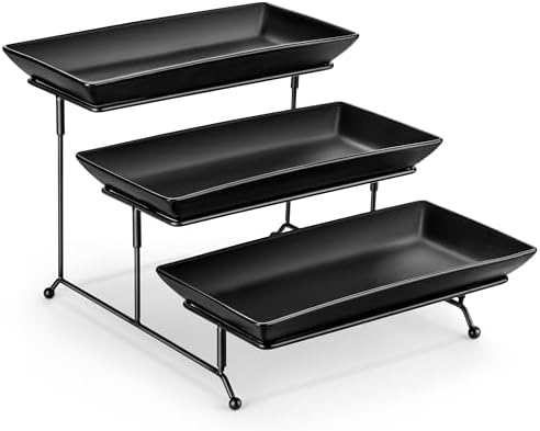 MALACASA 3 Tier Serving Tray, Porcelain Tiered Serving Trays Platters, 12 Inch Serving Stand with Platters,Black Dessert Stand with Collapsible Sturdier Metal Rack,Series PLAT by MALACASA