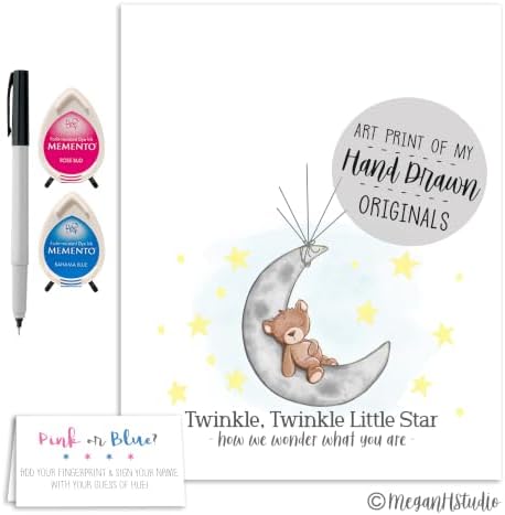 Teddy Bear and Moon Baby Shower Fingerprint Poster Guestbook Alternative Set with Ink Pads and Pen (Gender Reveal Party, 11x14 Inches) - Image 3