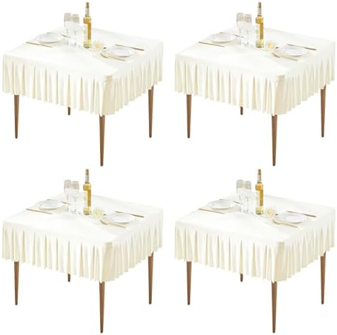 Wish Care 4 Pack Ivory Spandex Tablecloths for 34x34 Inch Square Tables, Stretch Fitted Table Clothes with Pleated Ruffle Skirt for 34” Table, Wrinkle Free and Elastic, for Party Kitchen Home Dining by WishCare