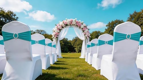 50 Pack Spandex Turquoise Chair Sashes for Wedding Chair Bows Bands Buckles - Image 5