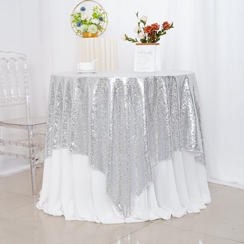 Poise3EHome Silver Sequin Tablecloth 90×90 Inch Square Sequin Fabric Table Cover Overlay for Christmas Baby Shower Birthday Party Wedding Holiday Cake Table Decoration - Image 3